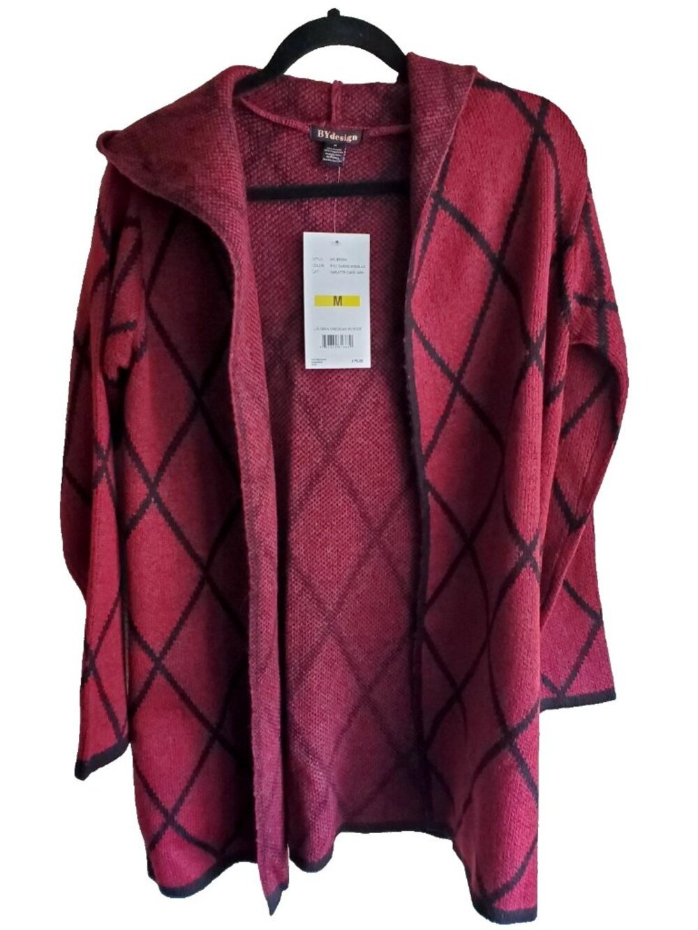 By Design Open Front Geometric Cardigan Black Maroon Knit Minimalist Layering M